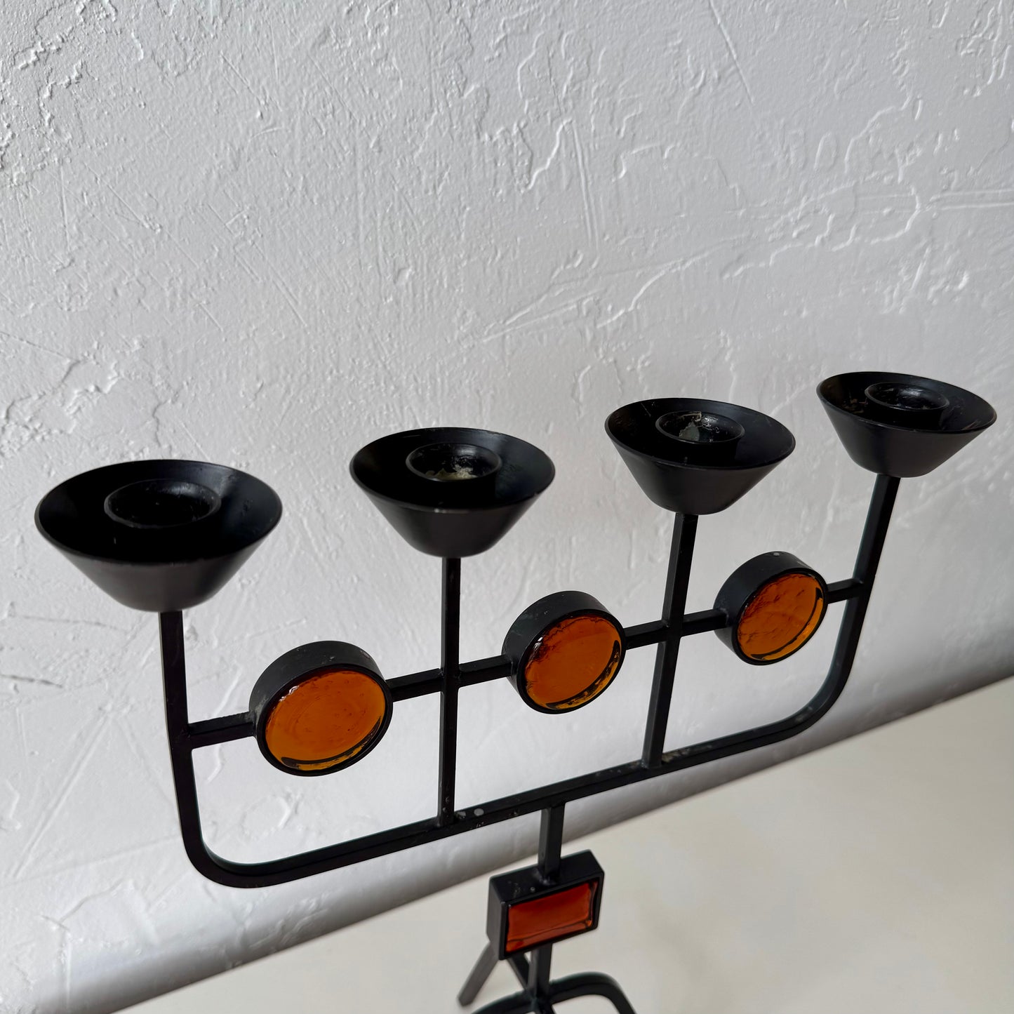 Gunnar Ander for Ystad Metall Iron + Amber Glass Candelabra