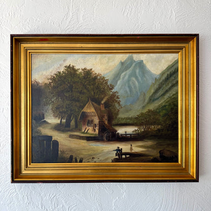 Folk Art Oil Landscape Painting, 1900
