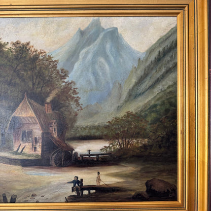 Folk Art Oil Landscape Painting, 1900