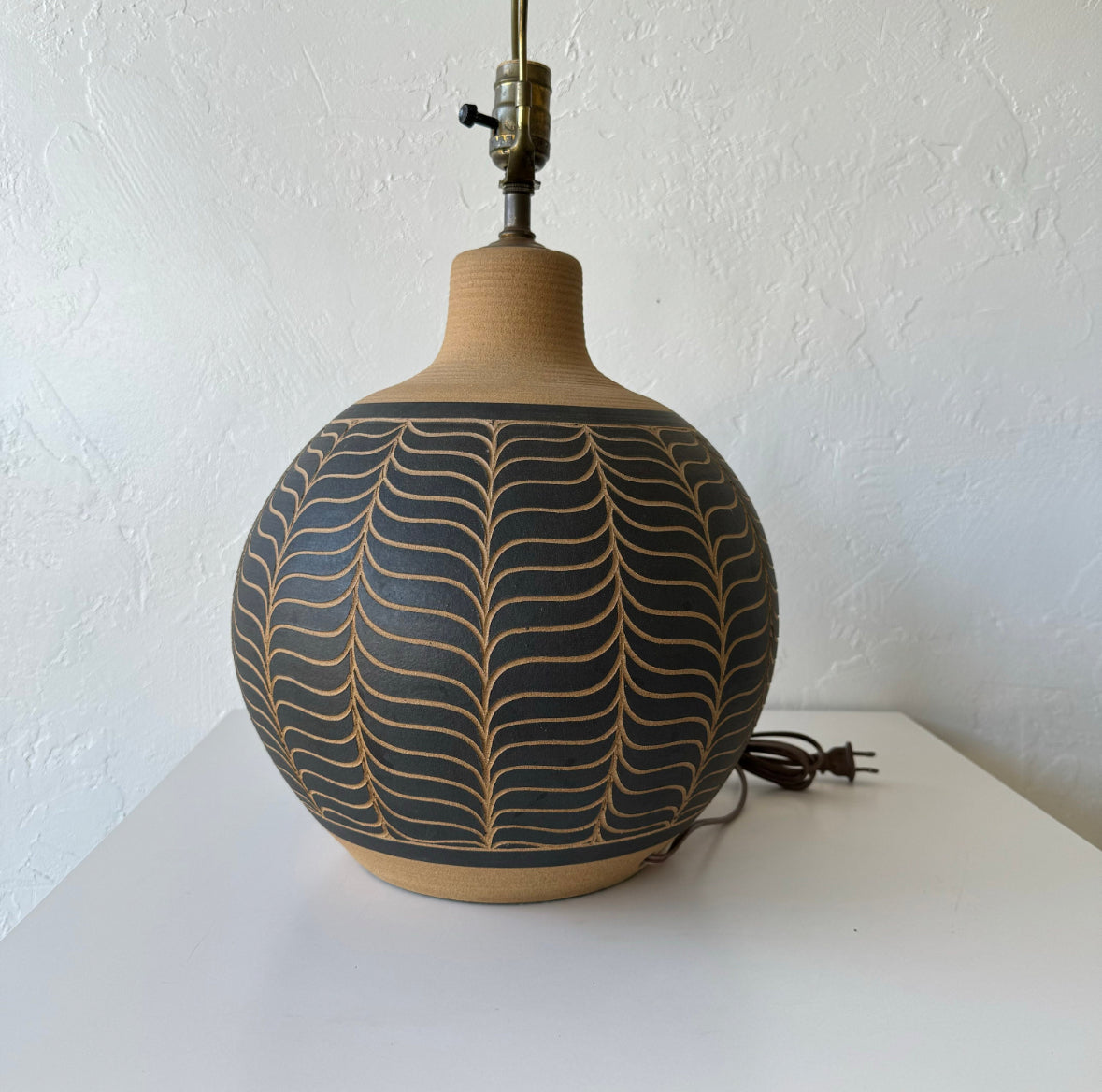 Pair Larry + Terry Brown Incised Ceramic Lamp