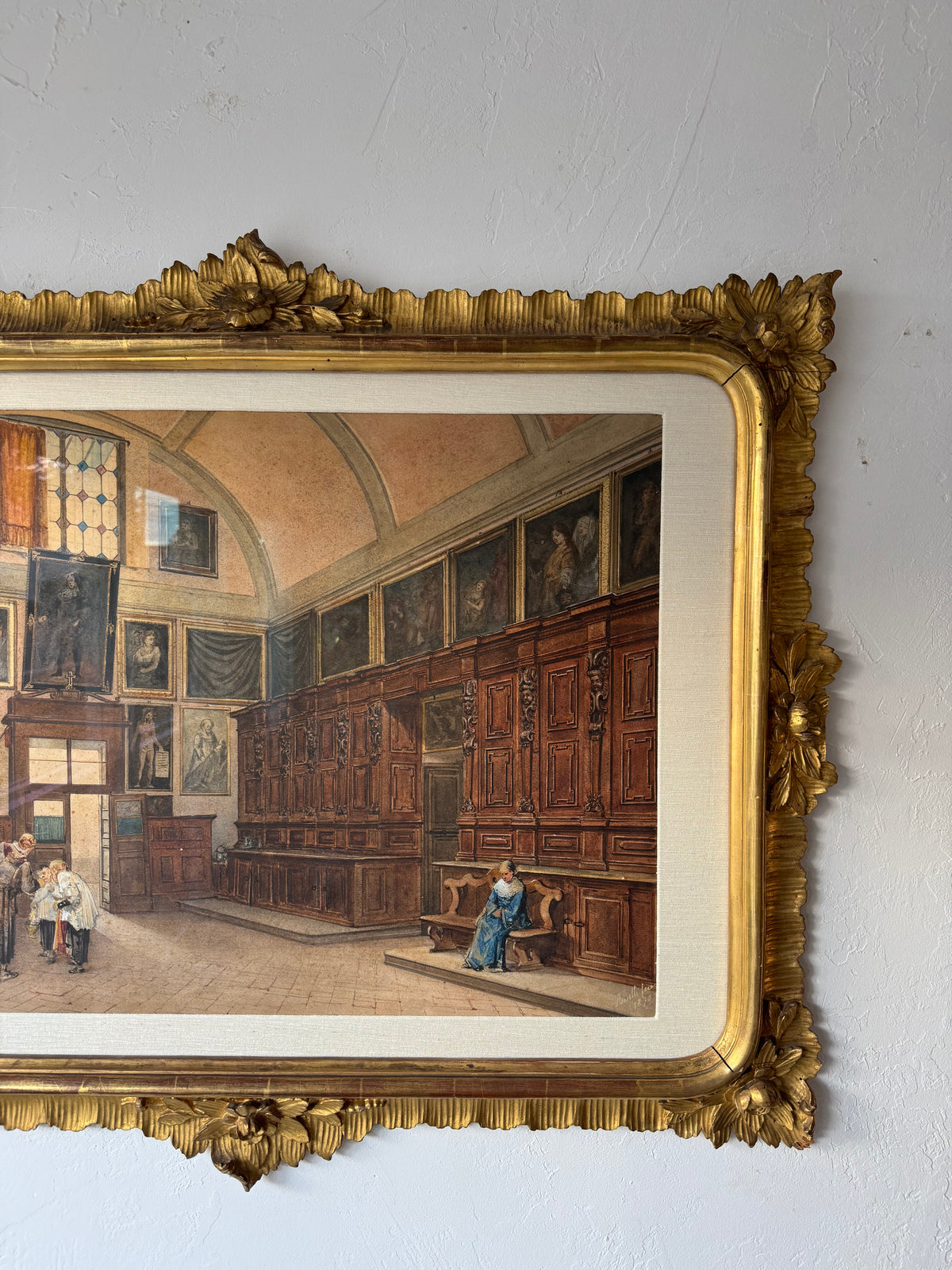 19th Century Italian Sacristy Interior Watercolor Painting