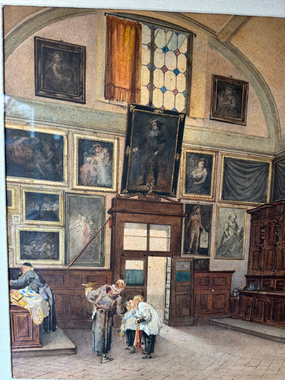 19th Century Italian Sacristy Interior Watercolor Painting