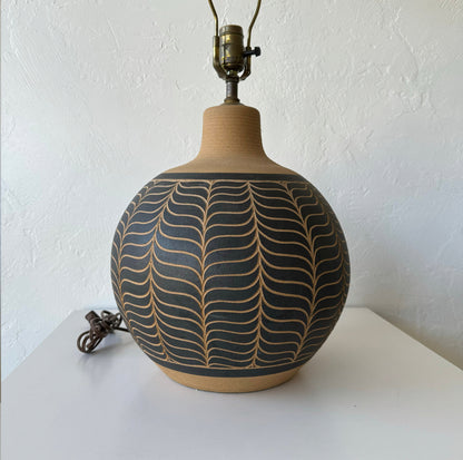 Pair Larry + Terry Brown Incised Ceramic Lamp