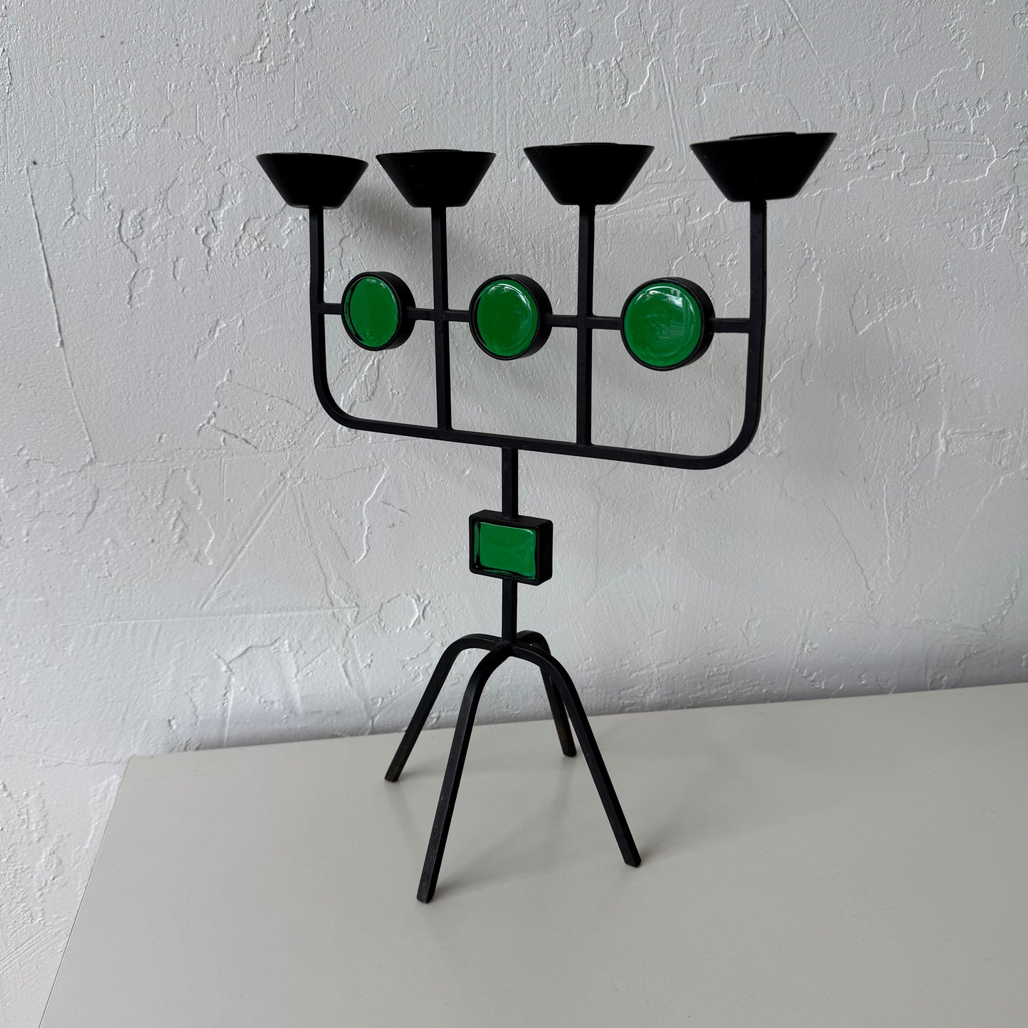Gunnar Ander for Ystad Metall Iron + Green Glass Candelabra