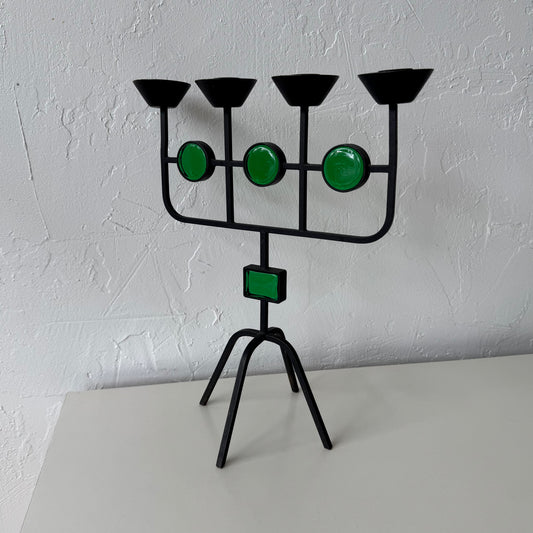 Gunnar Ander for Ystad Metall Iron + Green Glass Candelabra