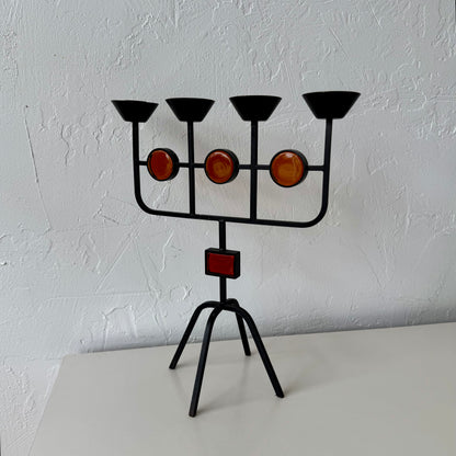 Gunnar Ander for Ystad Metall Iron + Amber Glass Candelabra