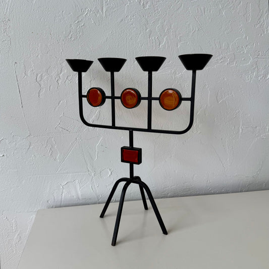 Gunnar Ander for Ystad Metall Iron + Amber Glass Candelabra