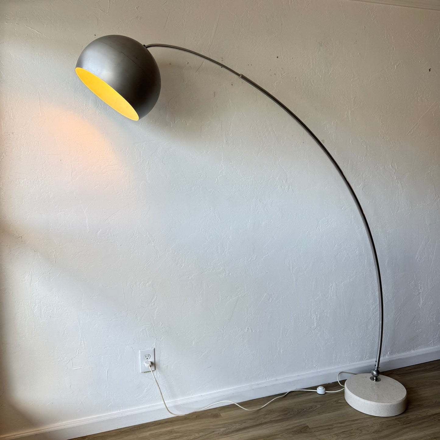 Goffredo Reggiani Brushed Aluminum + Travertine Italian Arc Floor Lamp