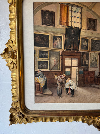 19th Century Italian Sacristy Interior Watercolor Painting