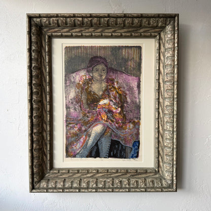 John Rock Woman with Flowers Block Print