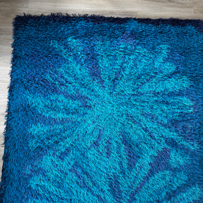 L F Foght 1960’s Blue Flower Wool Area Rug