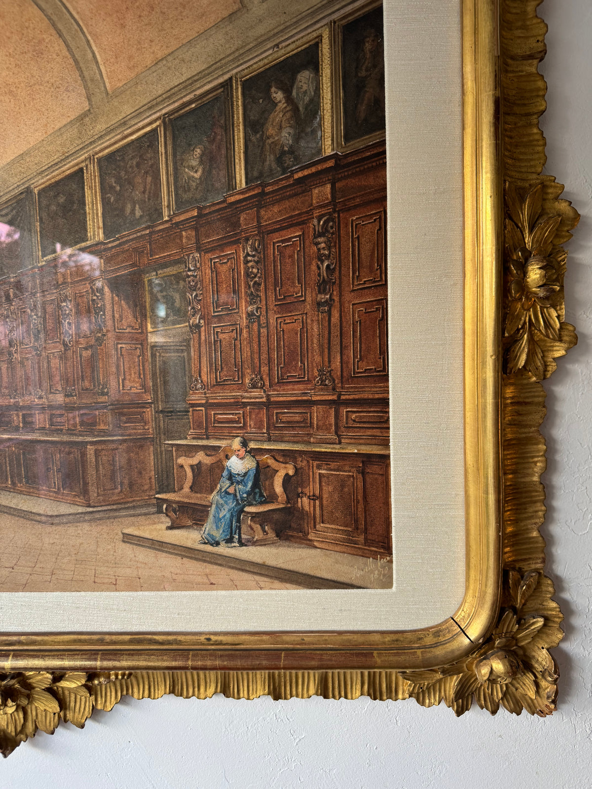 19th Century Italian Sacristy Interior Watercolor Painting