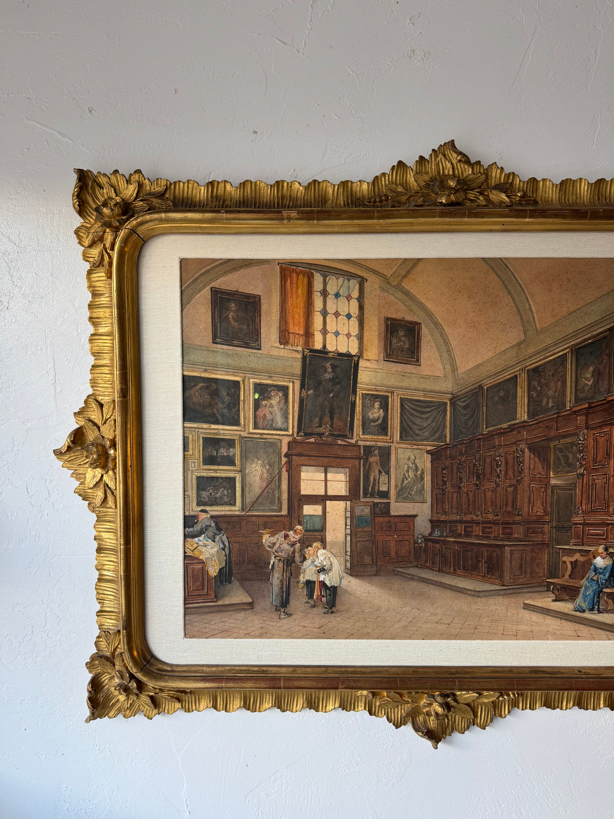 19th Century Italian Sacristy Interior Watercolor Painting