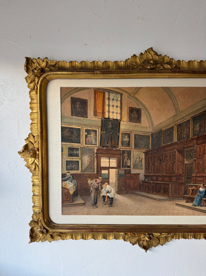 19th Century Italian Sacristy Interior Watercolor Painting
