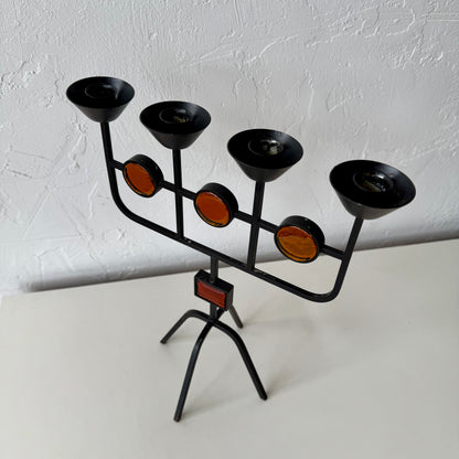 Gunnar Ander for Ystad Metall Iron + Amber Glass Candelabra
