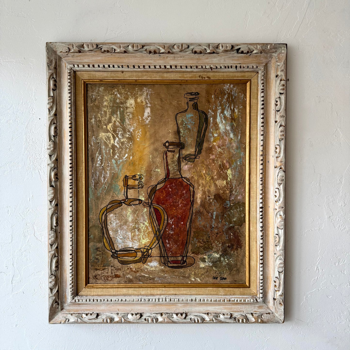 Paul Gunn Figurative Bottle Scene Oil on Board
