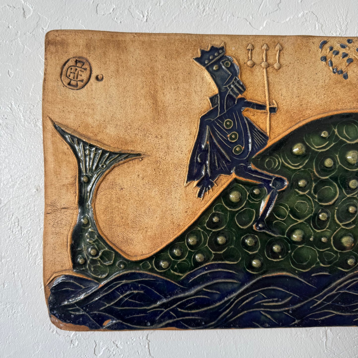 Hal Fromhold Neptune Riding Whale Studio Pottery Ceramic Plaque