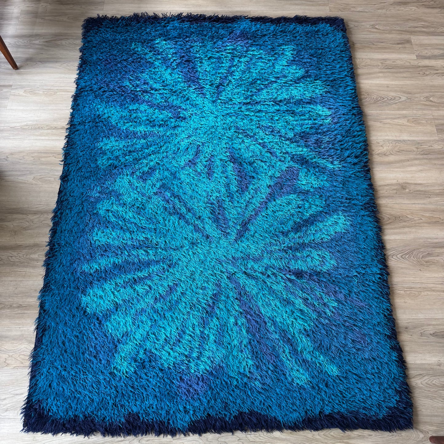 L F Foght 1960’s Blue Flower Wool Area Rug
