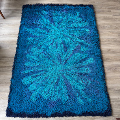 L F Foght 1960’s Blue Flower Wool Area Rug