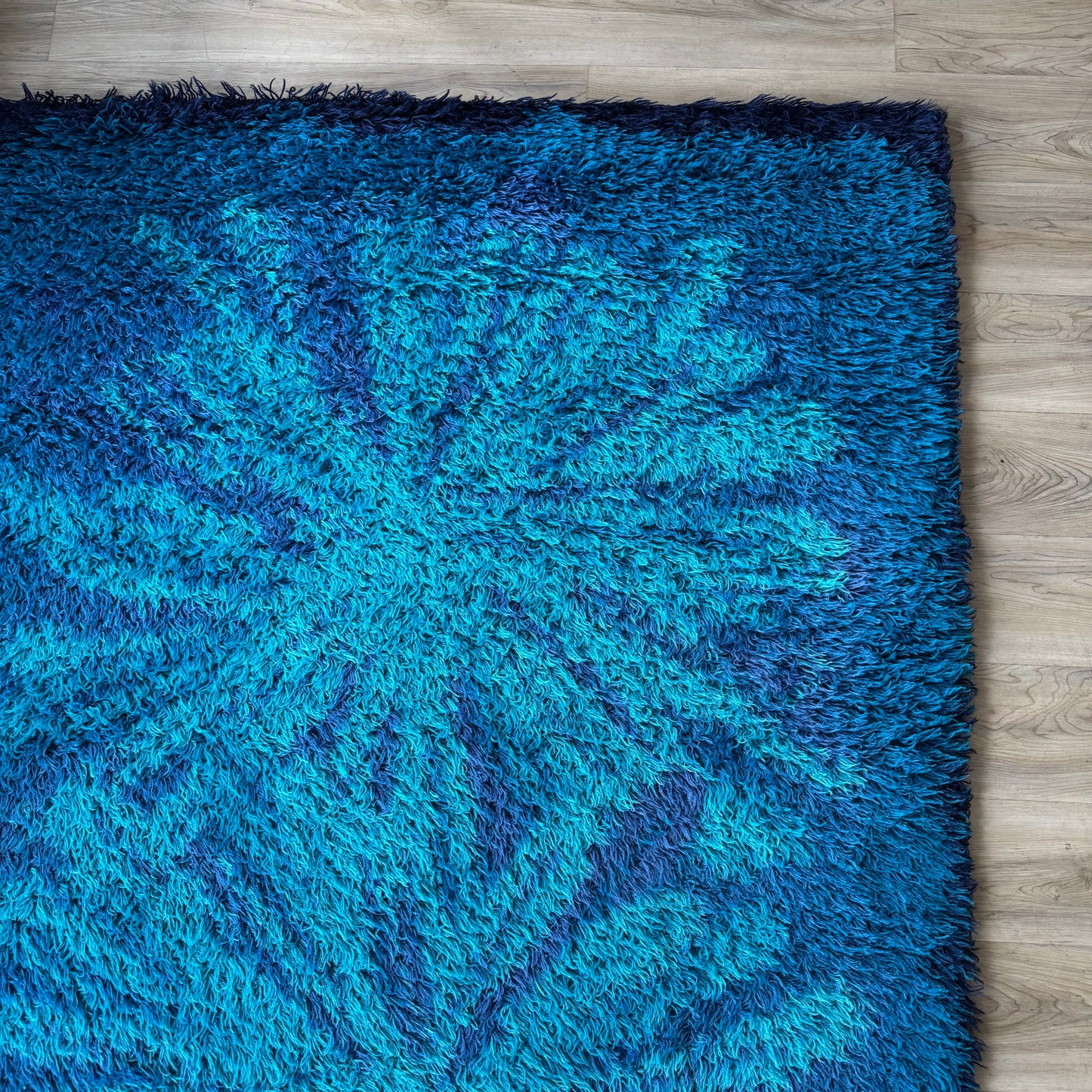 L F Foght 1960’s Blue Flower Wool Area Rug