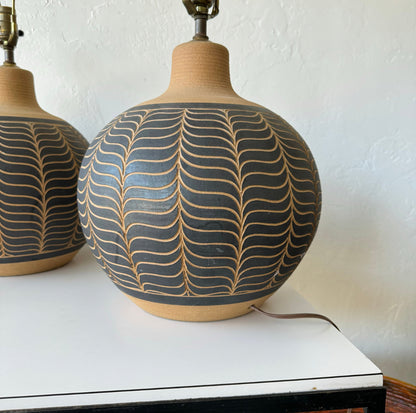 Pair Larry + Terry Brown Incised Ceramic Lamp