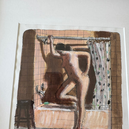 John Opie Nude Bather Ink + Watercolor Painting