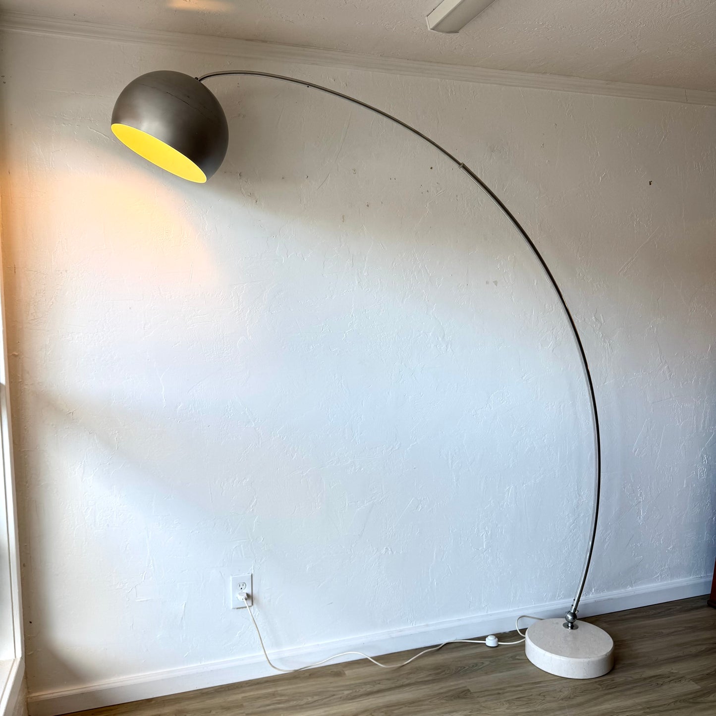 Goffredo Reggiani Brushed Aluminum + Travertine Italian Arc Floor Lamp