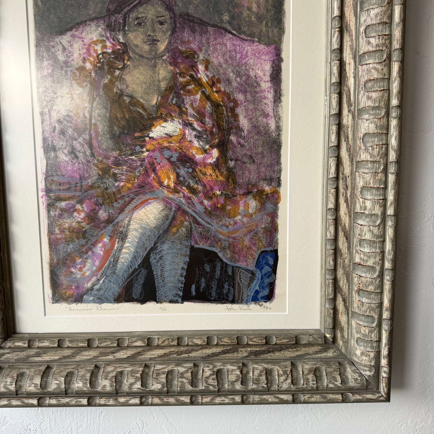 John Rock Woman with Flowers Block Print