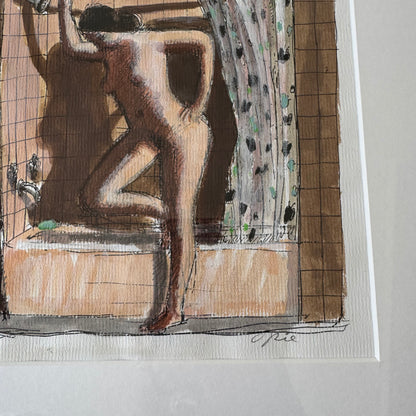 John Opie Nude Bather Ink + Watercolor Painting