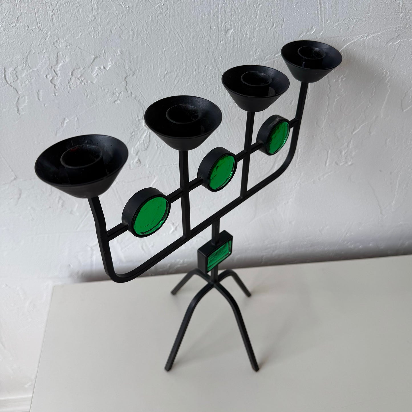 Gunnar Ander for Ystad Metall Iron + Green Glass Candelabra