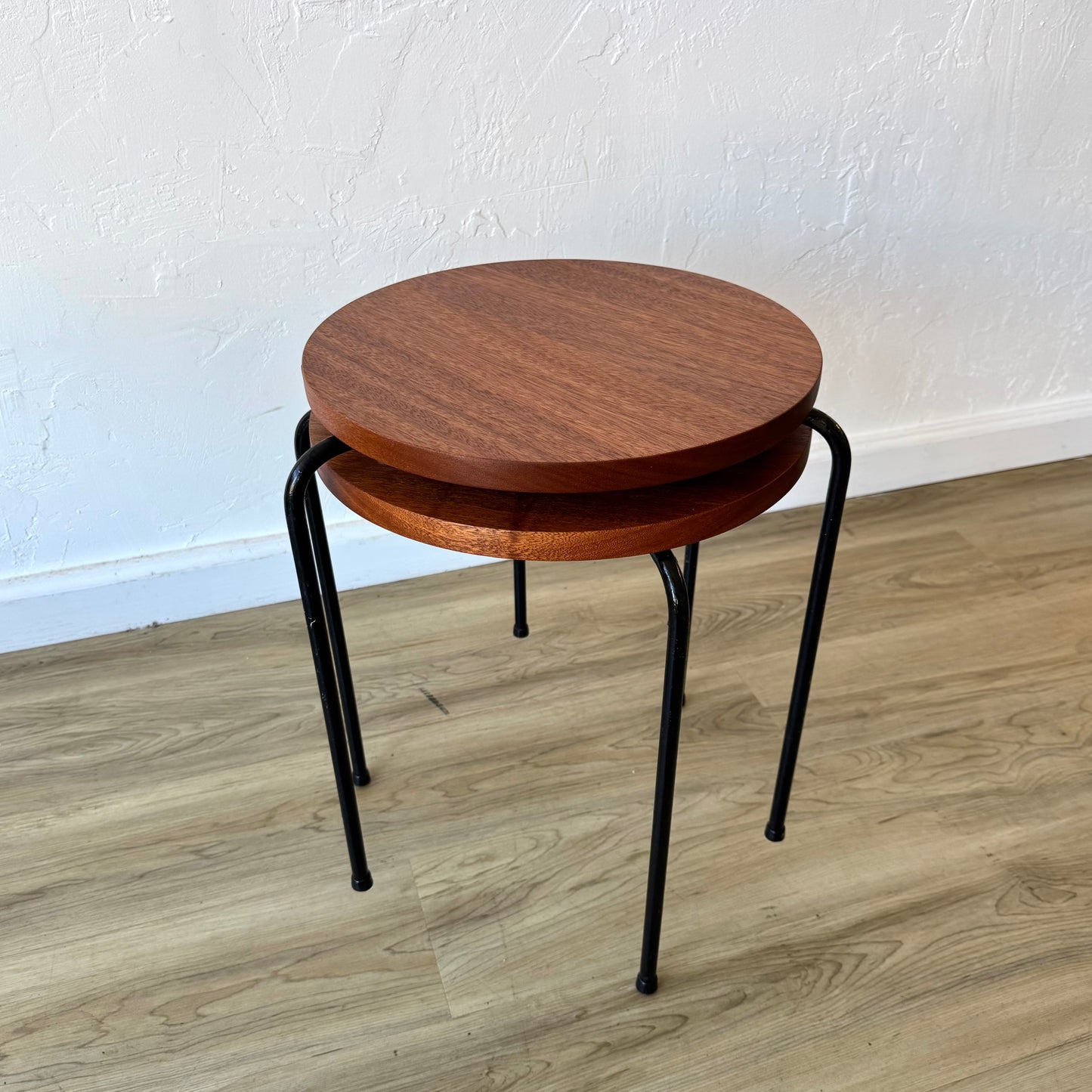 Vintage California Iron Mahogany Stool Side Tables, 1950’s