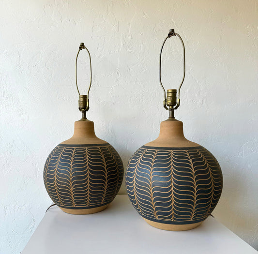 Pair Larry + Terry Brown Incised Ceramic Lamp