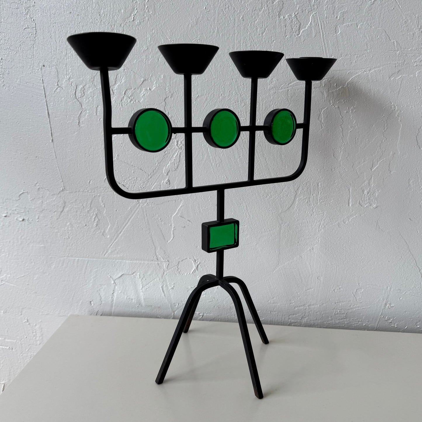 Gunnar Ander for Ystad Metall Iron + Green Glass Candelabra