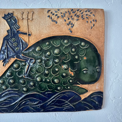 Hal Fromhold Neptune Riding Whale Studio Pottery Ceramic Plaque