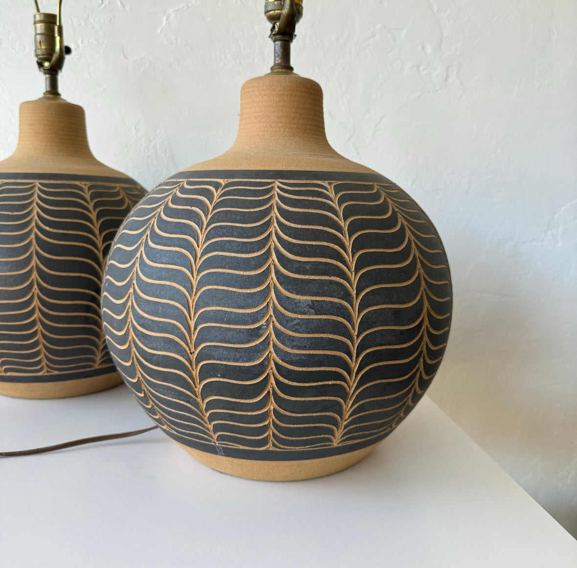 Pair Larry + Terry Brown Incised Ceramic Lamp