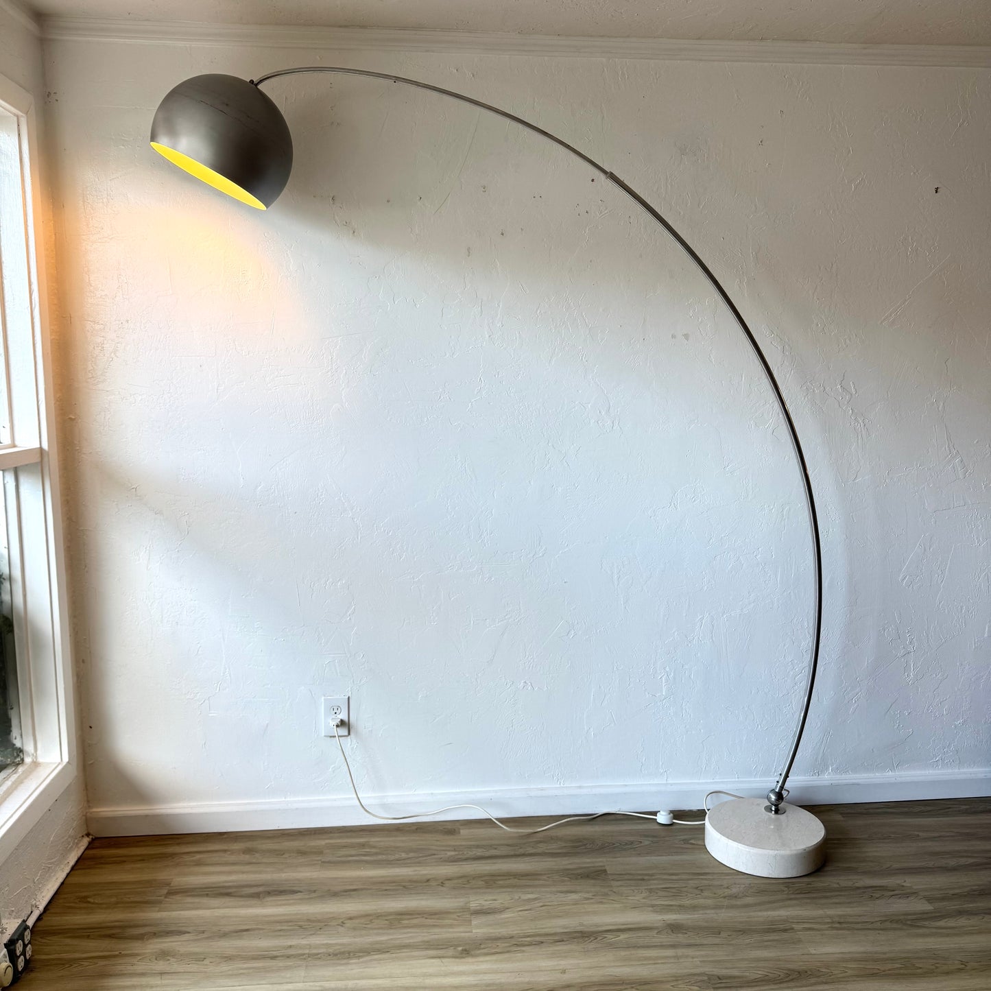 Goffredo Reggiani Brushed Aluminum + Travertine Italian Arc Floor Lamp