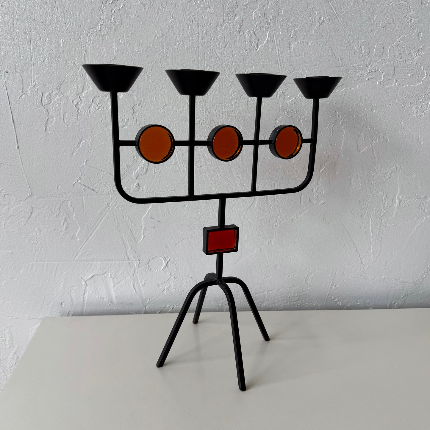 Gunnar Ander for Ystad Metall Iron + Amber Glass Candelabra