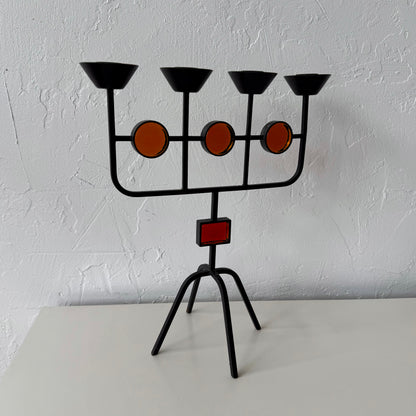 Gunnar Ander for Ystad Metall Iron + Amber Glass Candelabra