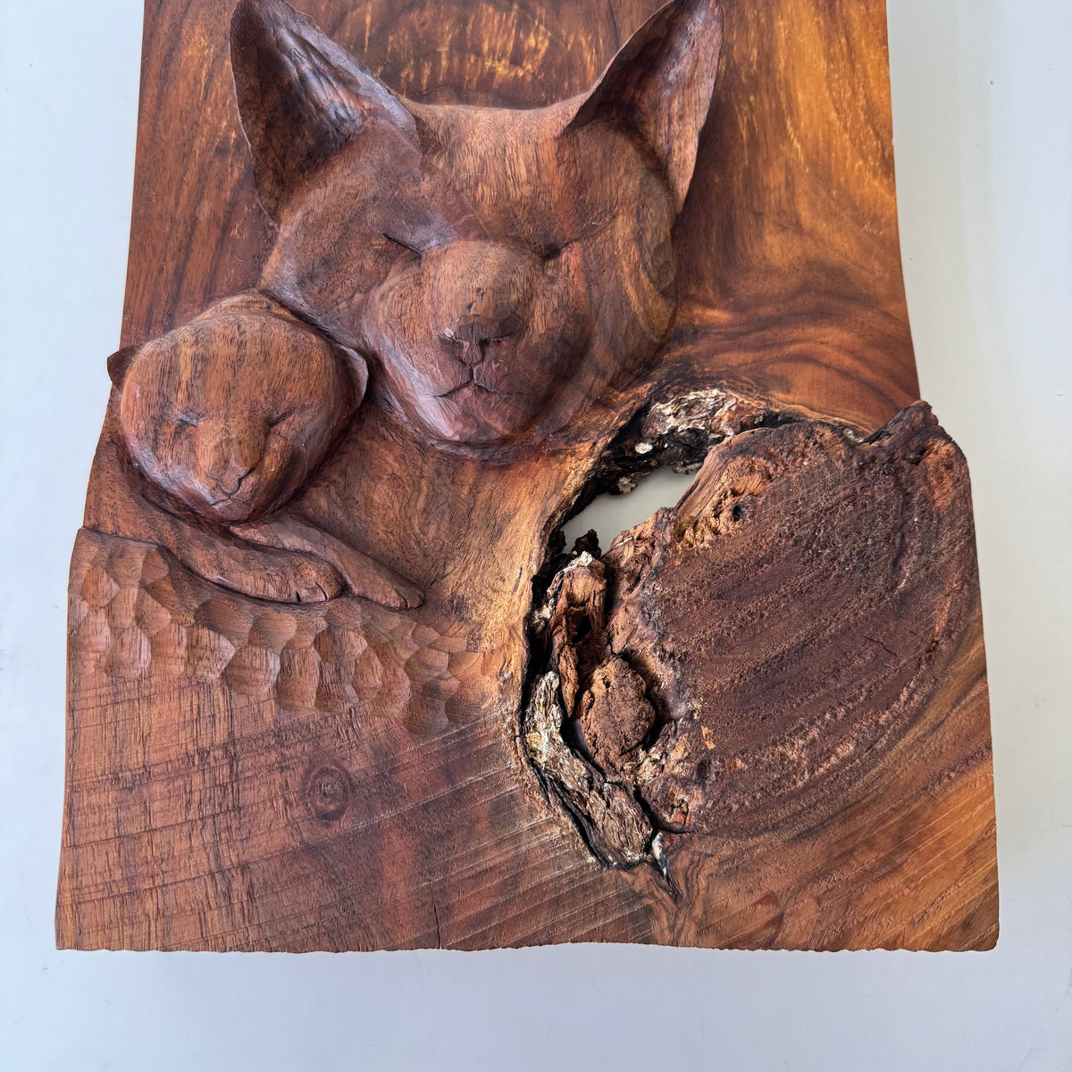 Hand Carved Cat + Kitten Wall Sculpture