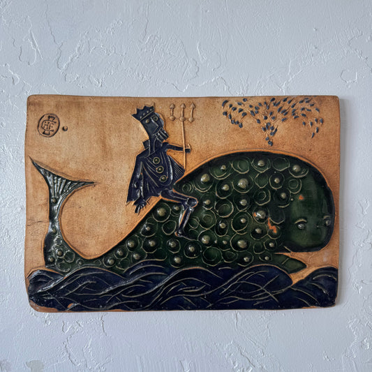 Hal Fromhold Neptune Riding Whale Studio Pottery Ceramic Plaque