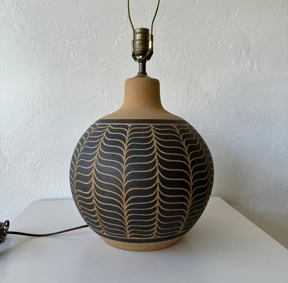 Pair Larry + Terry Brown Incised Ceramic Lamp