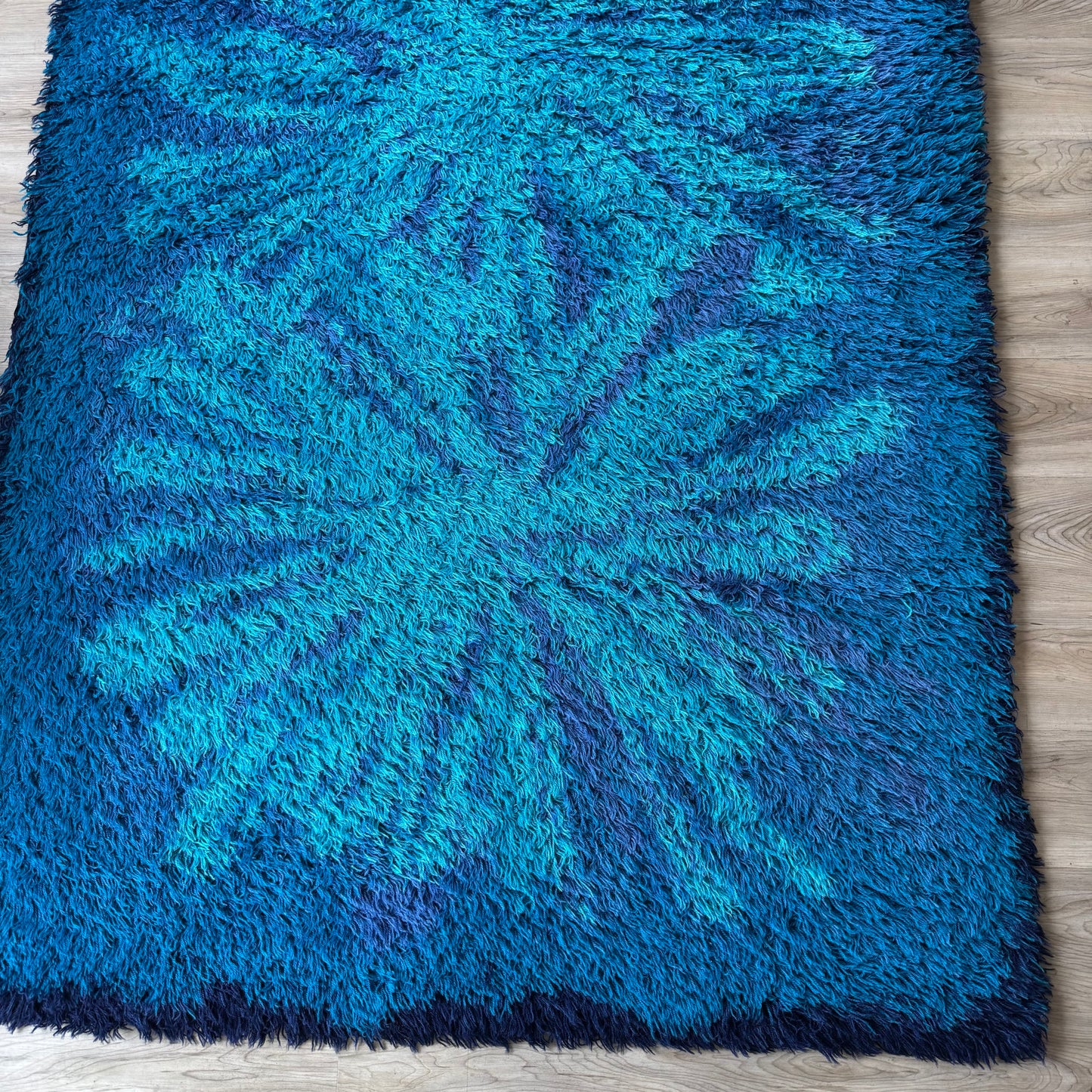 L F Foght 1960’s Blue Flower Wool Area Rug