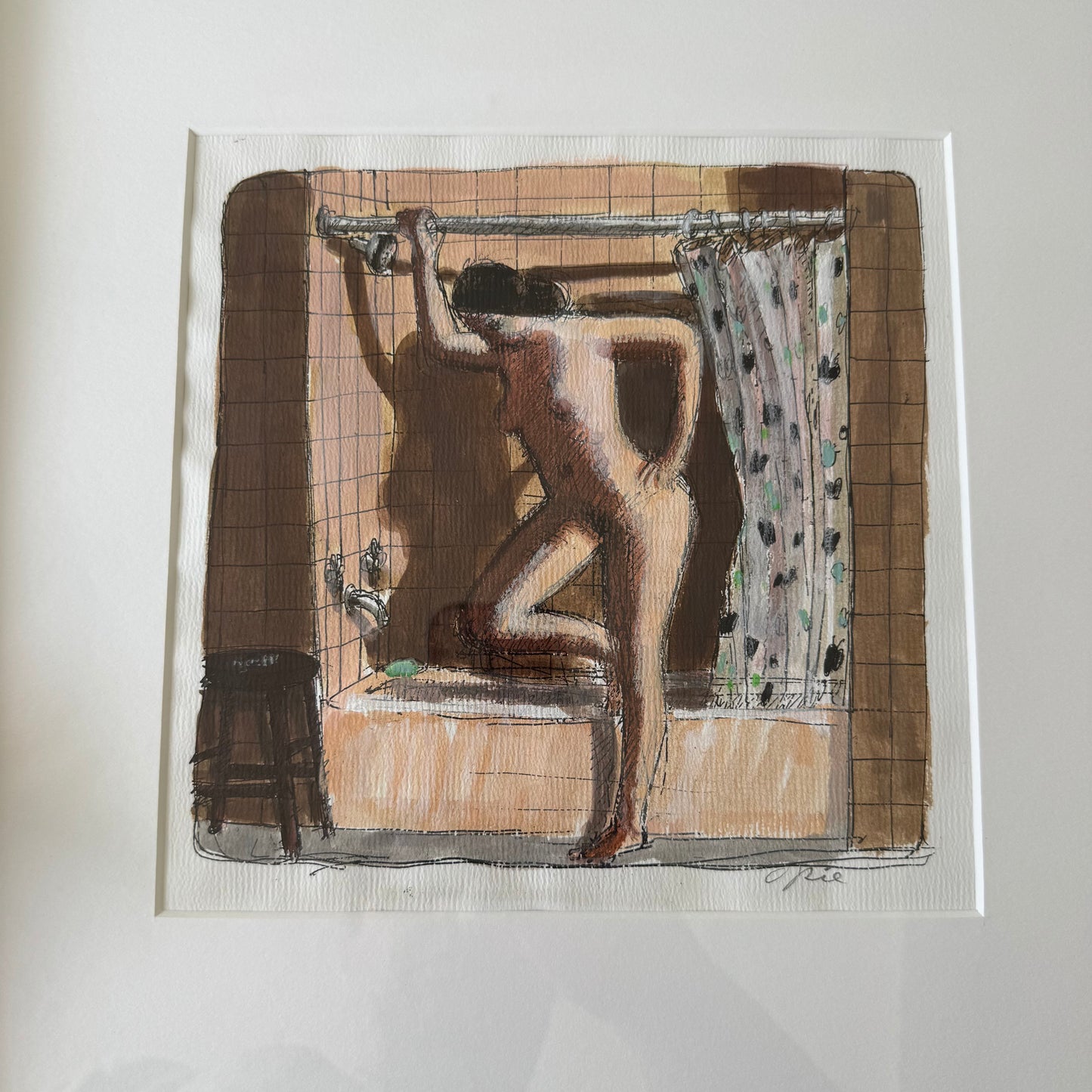 John Opie Nude Bather Ink + Watercolor Painting