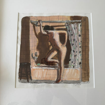 John Opie Nude Bather Ink + Watercolor Painting