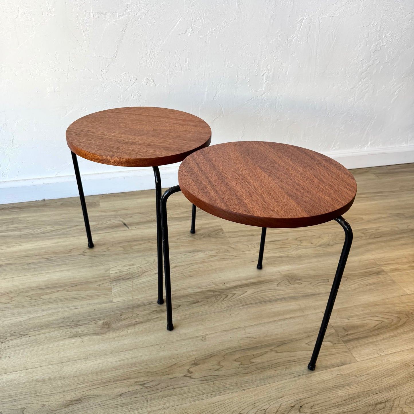Vintage California Iron Mahogany Stool Side Tables, 1950’s